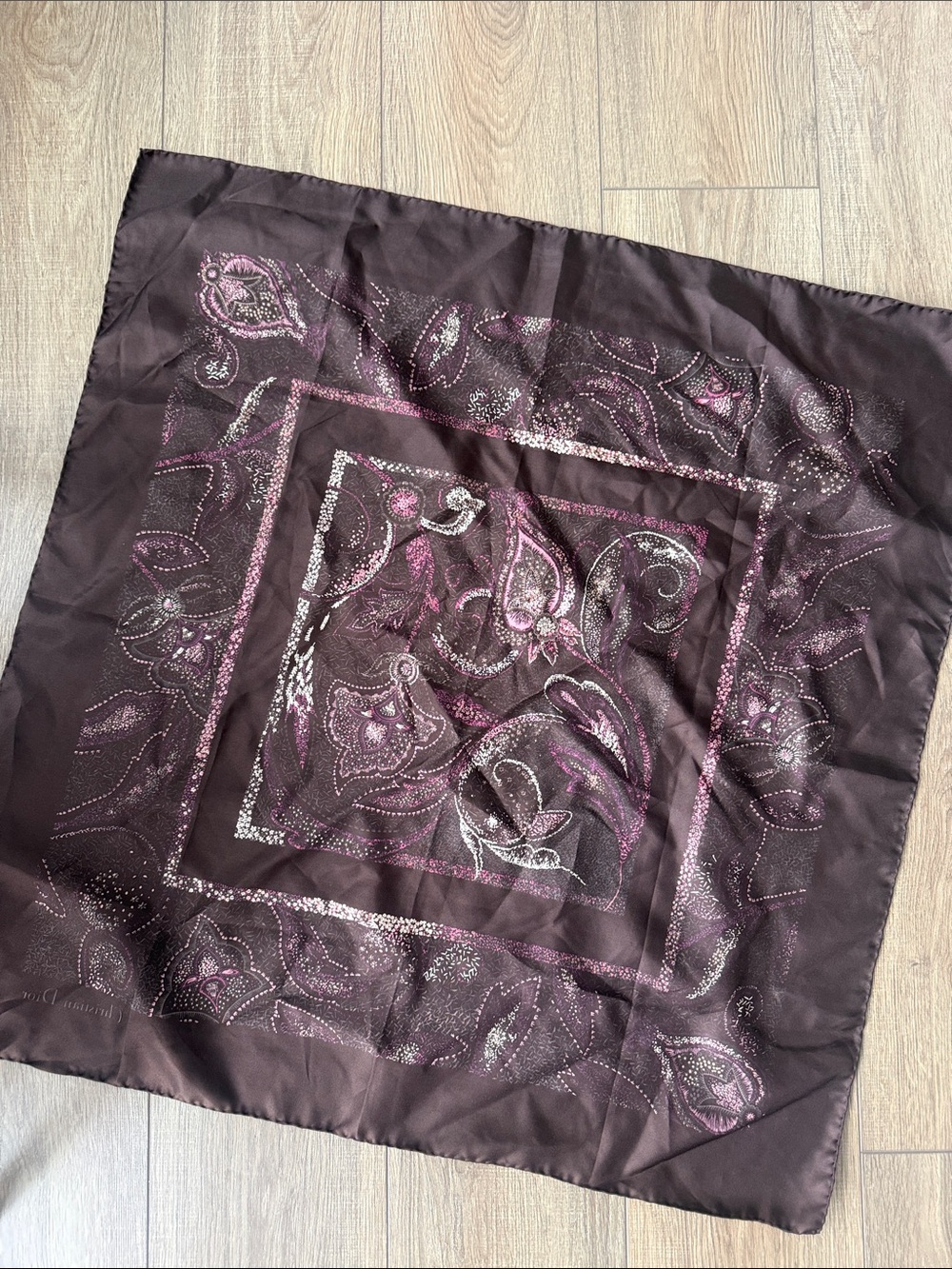 Christian Dior large Vintage burgundy pink brown silk scarf